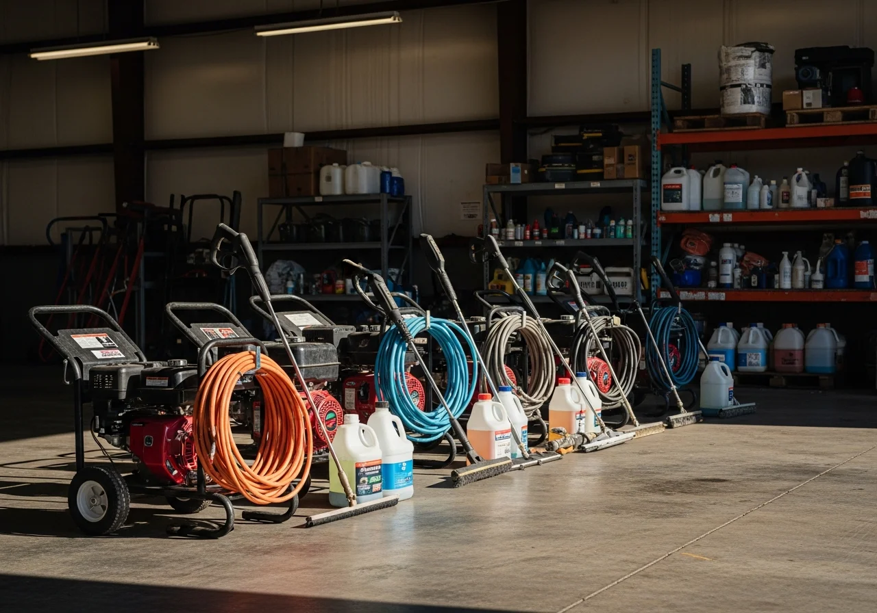 Pressure washing equipment and cleaning tools ready for service. Professional-grade machinery staged for exterior cleaning operations.