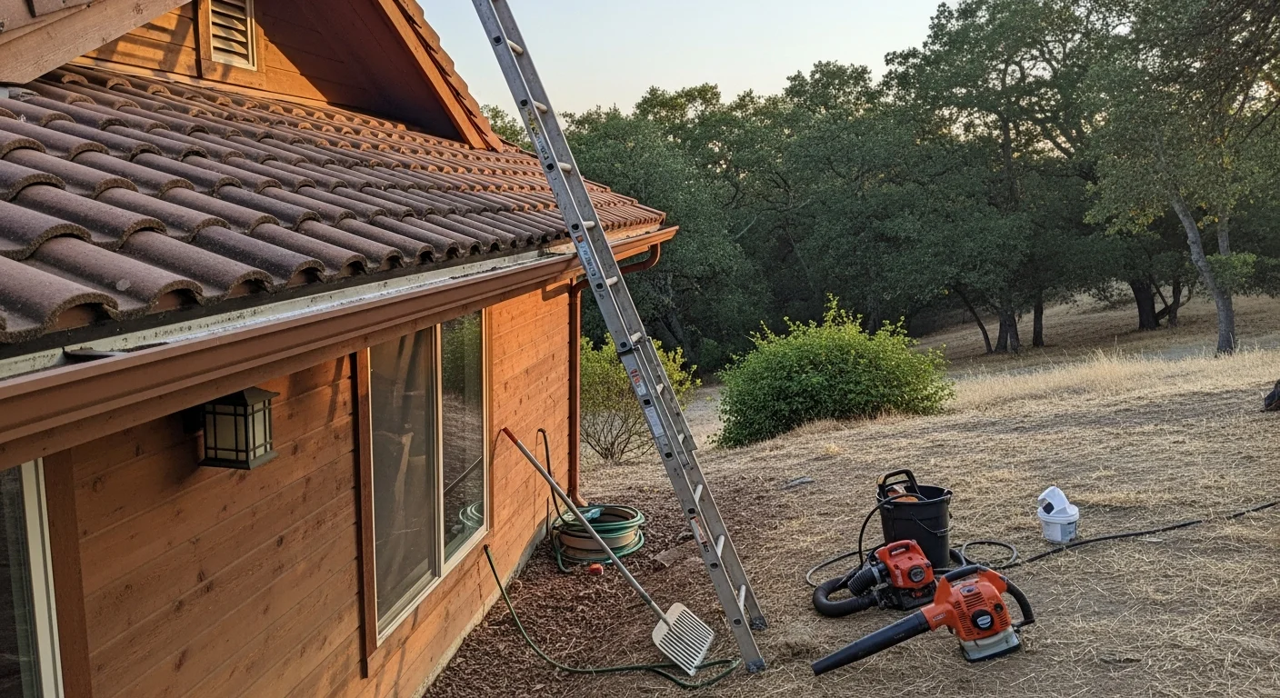 Professional gutter cleaner removing debris from residential gutters