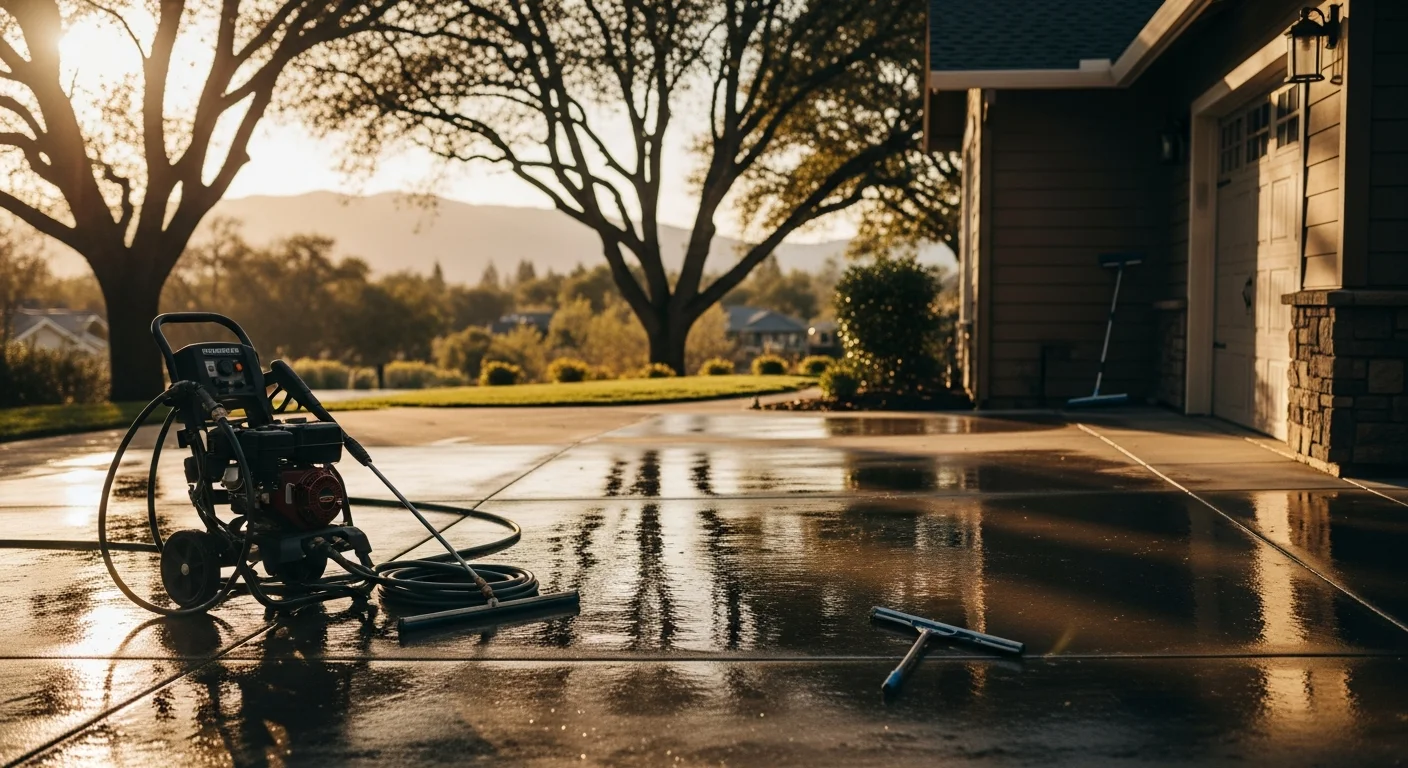 Professional pressure washing cleaning a residential driveway