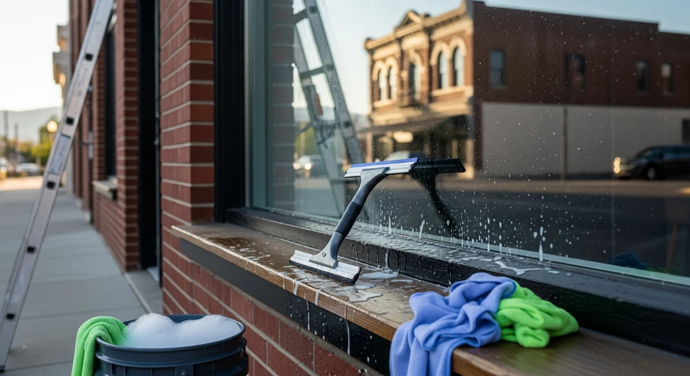Professional window cleaner working on residential home windows