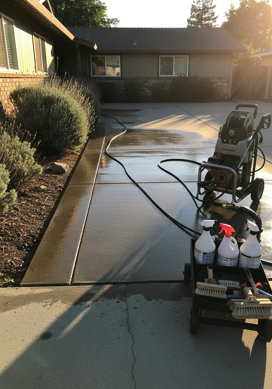 Portrait-style photo of contractor working on home exterior, demonstrating skilled labor and professional property care.