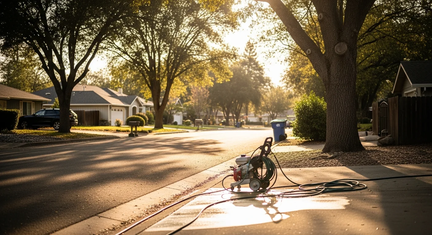 Wide view of Oroville residential street with mature trees and mixed-age homes typical of northern Sacramento Valley neighborhoods.