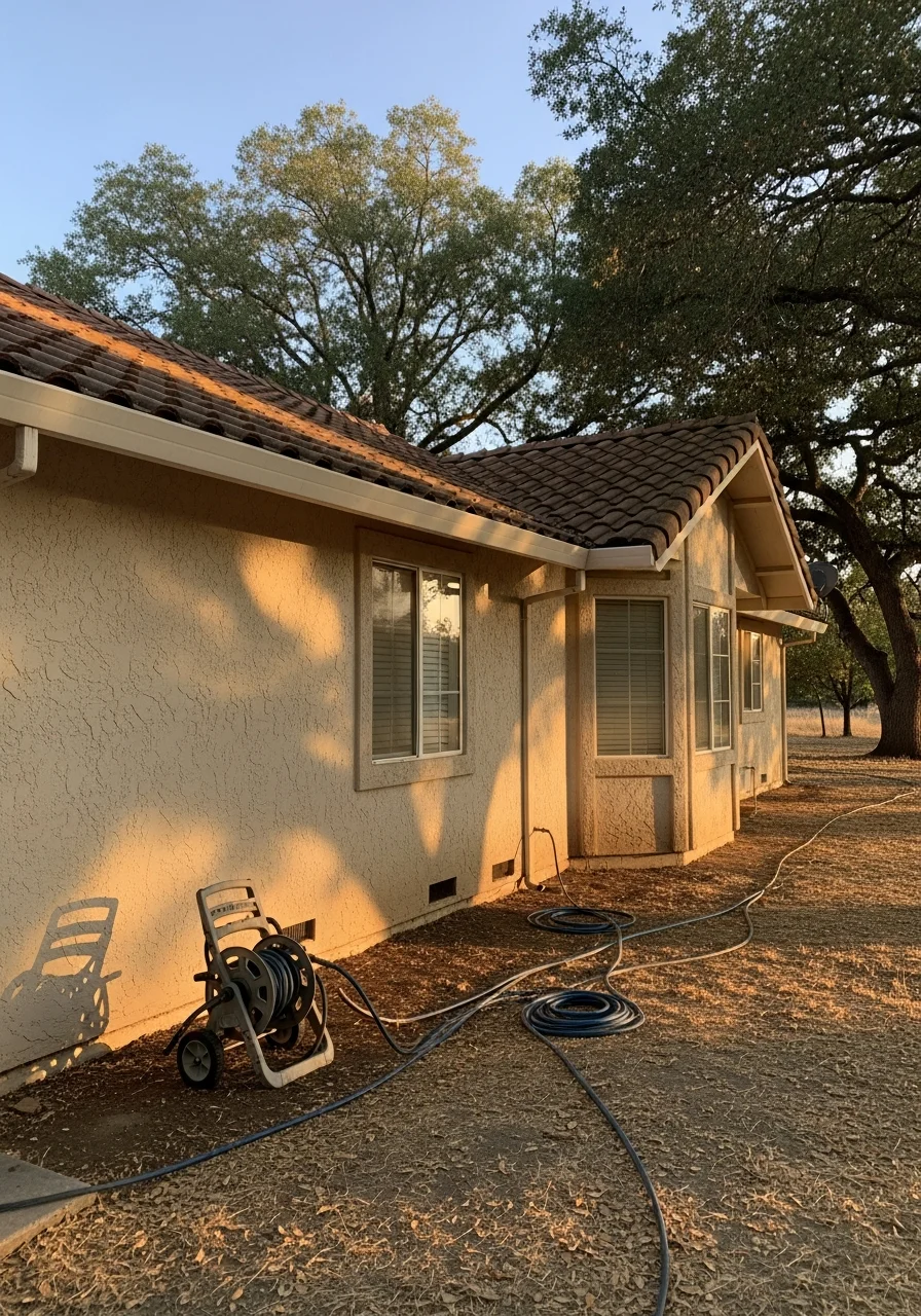 Portrait-style photo of contractor inspecting home exterior, showing professional assessment and attention to property condition.