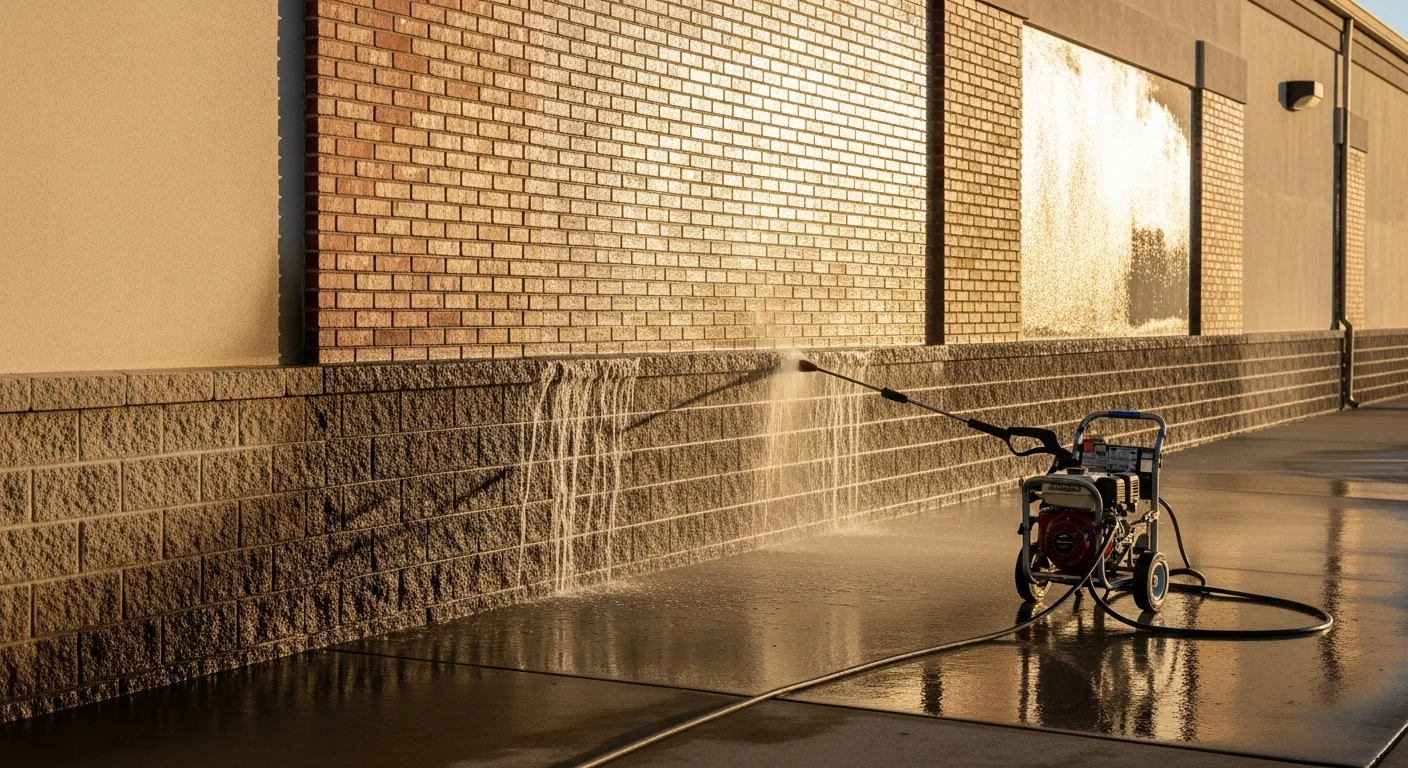 A commercial storefront in Oroville, California being pressure washed by a technician, with dark grime and dust streaks visibly lifting from the brick and concrete exterior. The cleaned section of the building facade shows a stark contrast against the unwashed surface beside it.