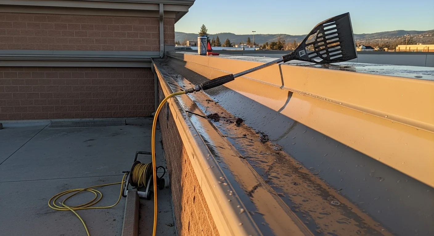 A commercial building in Oroville, California with a technician clearing packed leaf and debris buildup from a wide gutter channel using professional cleaning equipment. The downspout below runs clear after the blockage is removed.