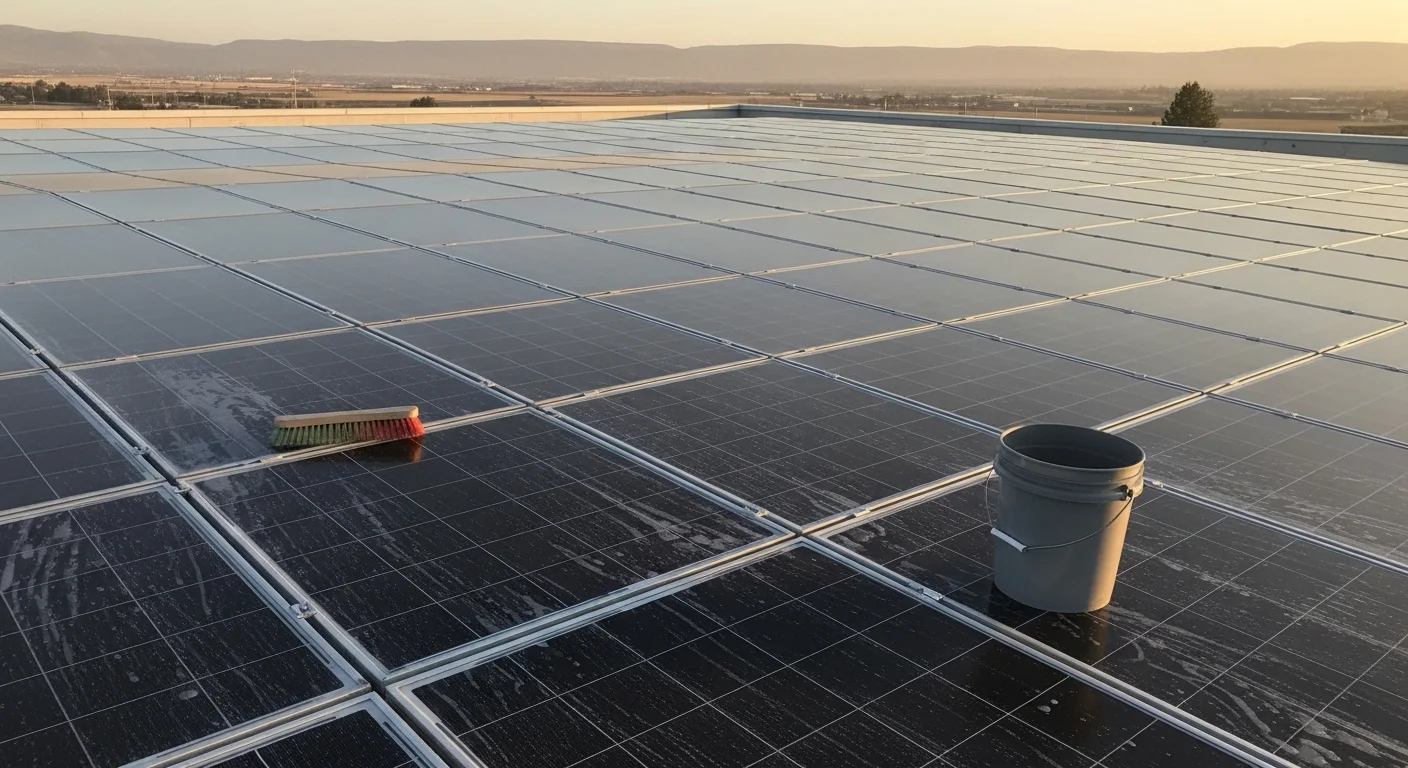 A Squeekee Squeegee technician cleaning a large commercial rooftop solar array in Oroville, CA, using a soft-bristle brush and purified water system. Panels show visible contrast between the cleaned sections and the dust-coated sections still awaiting cleaning.