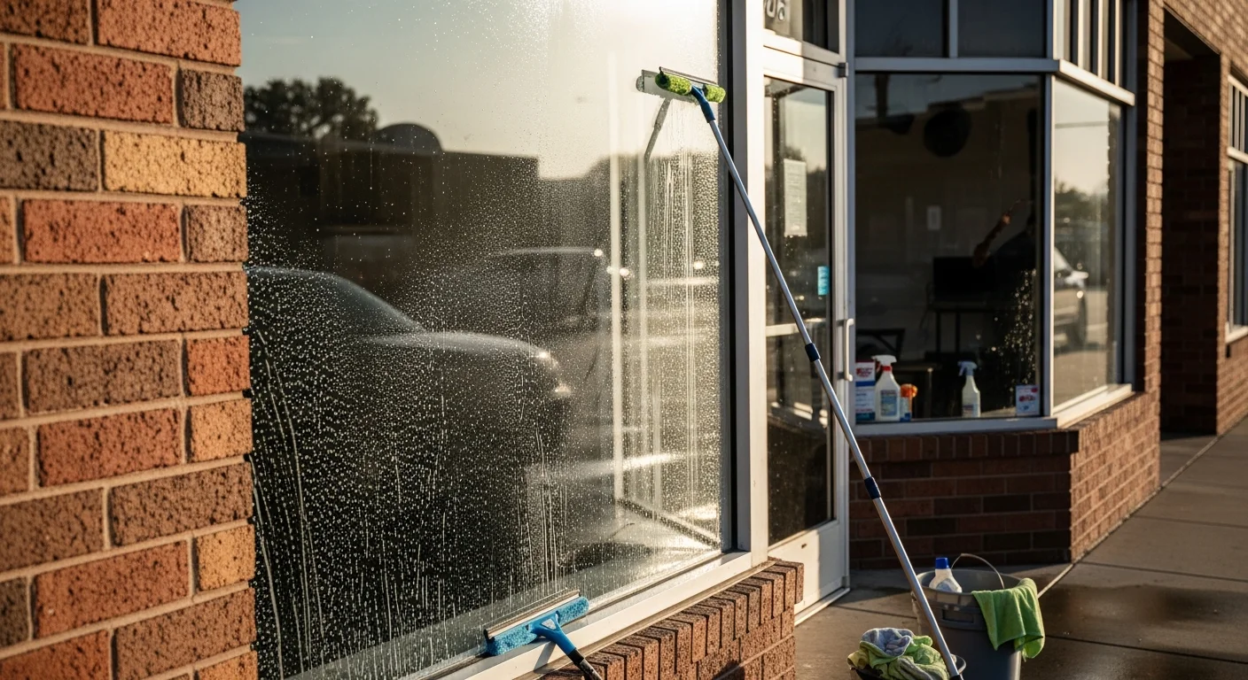 A Squeekee Squeegee technician cleaning the exterior glass storefront of a commercial building in Oroville, California. The finished windows show no streaks, smoke film, or mineral deposits on the glass or frames.