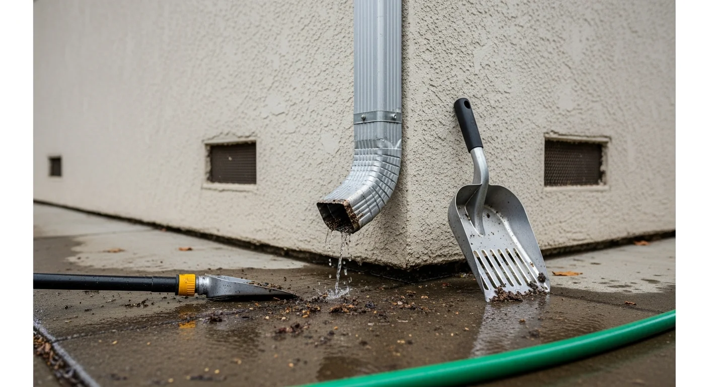 A technician from Squeekee Squeegee clearing a blocked downspout on a single-family home in Oroville, CA. Water flows freely from the ground-level outlet onto the driveway after the debris blockage is removed.