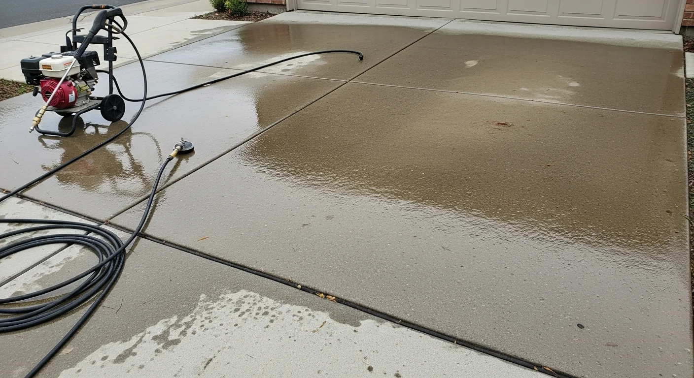 A concrete residential driveway in Oroville, California, showing a clean, streak-free surface after pressure washing. Tire marks and dirt buildup have been removed from the full length of the slab leading to a single-car garage.