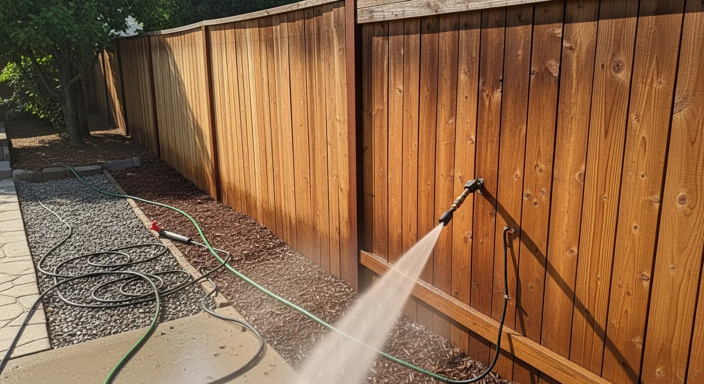 A pressure washer wand cleaning a weathered wood privacy fence in an Oroville residential backyard, with visible dirt and green algae being removed from the fence boards. The left side of the fence shows clean, light-colored wood while the right side still shows dark buildup before washing.