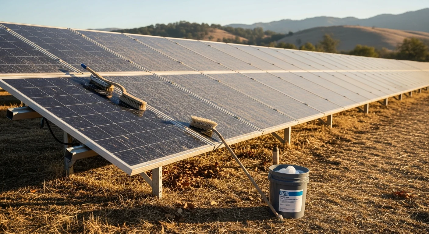 A technician from Squeekee Squeegee using a soft-bristle cleaning tool on a ground-mounted solar array in Oroville, California. Panel surfaces are being wiped clear of dust and pollen film with the surrounding dry landscape visible in the background.