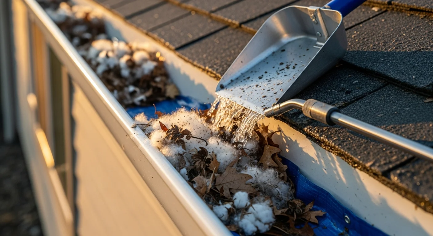 A gutter on an Oroville home packed with dry leaves, twigs, and seed debris being cleared by a technician on a ladder. The cleaned section of the gutter channel is visible alongside the blocked portion, showing the contrast before and after debris removal.