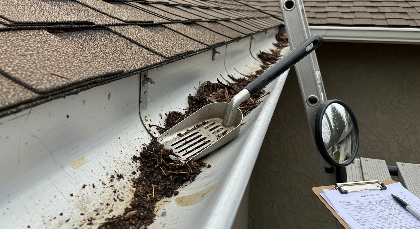 A gutter inspection being performed on a single-story ranch-style home in Oroville, CA, with a technician examining the gutter channel and downspout connection along the roofline. The surrounding yard shows mature trees typical of established Oroville neighborhoods.