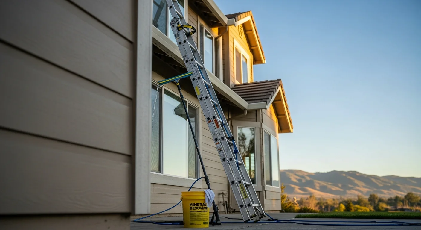 A Squeekee Squeegee technician cleaning a roof-mounted skylight on a single-story Oroville home, with clear glass reflecting bright California sky after mineral buildup removal. The surrounding roof and frame are dry and undamaged, showing careful access and clean results.