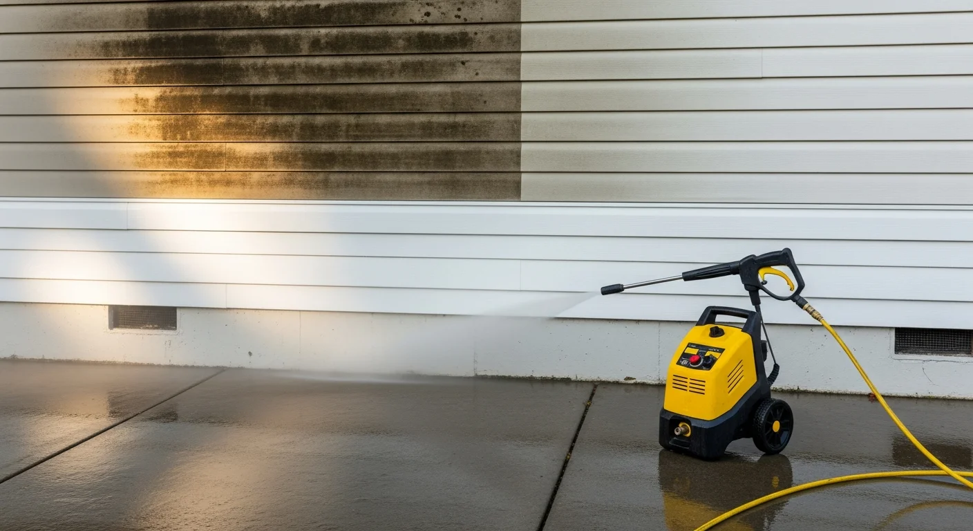 A pressure washer removing dark mold streaks and green mildew from the painted wood siding of a single-family home in Oroville, California. The cleaned section of siding shows a clear contrast against the still-dirty area beside it.