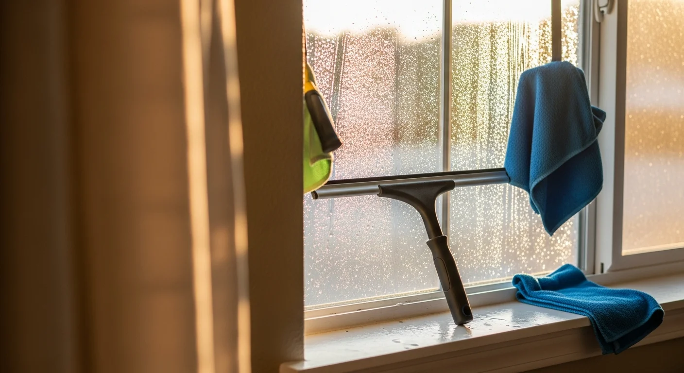 A window cleaning technician wiping the interior glass of a ranch-style home in Oroville, California. The cleaned pane shows clear, streak-free glass with a view of a dry foothill landscape outside.