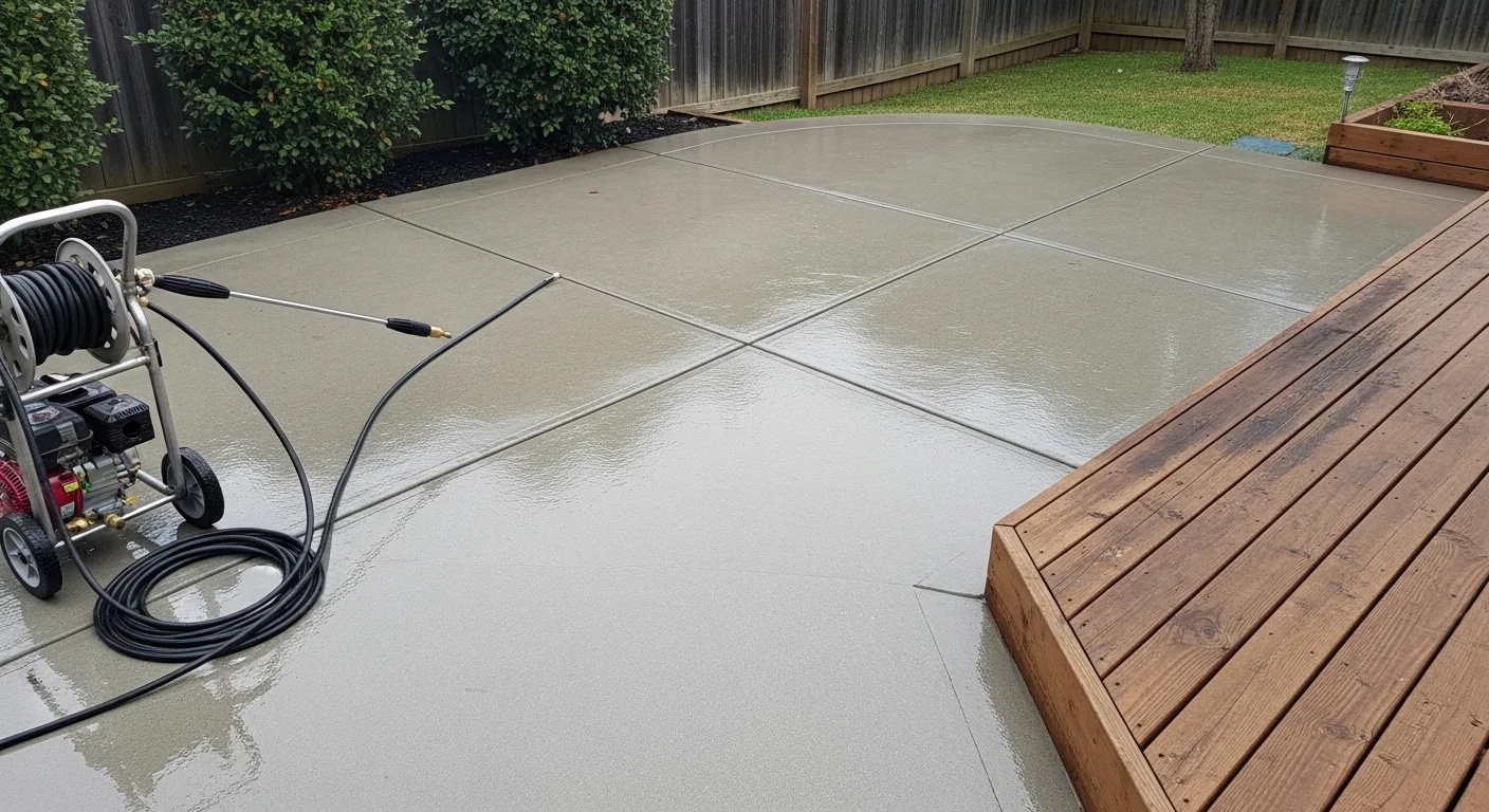 A pressure-washed wood deck in Oroville, CA showing clean, dirt-free boards alongside a concrete patio with algae staining removed. Before-and-after contrast visible on the surface with a residential backyard setting.