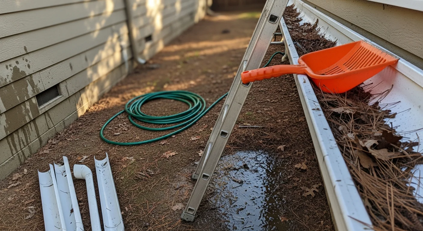 A gutter cleaning technician removing packed leaf and pine needle debris from a residential gutter on a single-story home in Oroville, California. The cleaned gutter section shows clear, unobstructed aluminum channel with a downspout flushed and draining properly.
