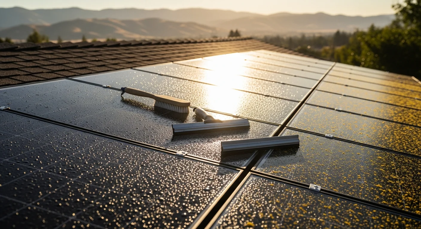 A Squeekee Squeegee technician cleaning dusty residential solar panels on an Oroville rooftop. The panels show visible pollen and dust removal in progress under clear Northern California sky.