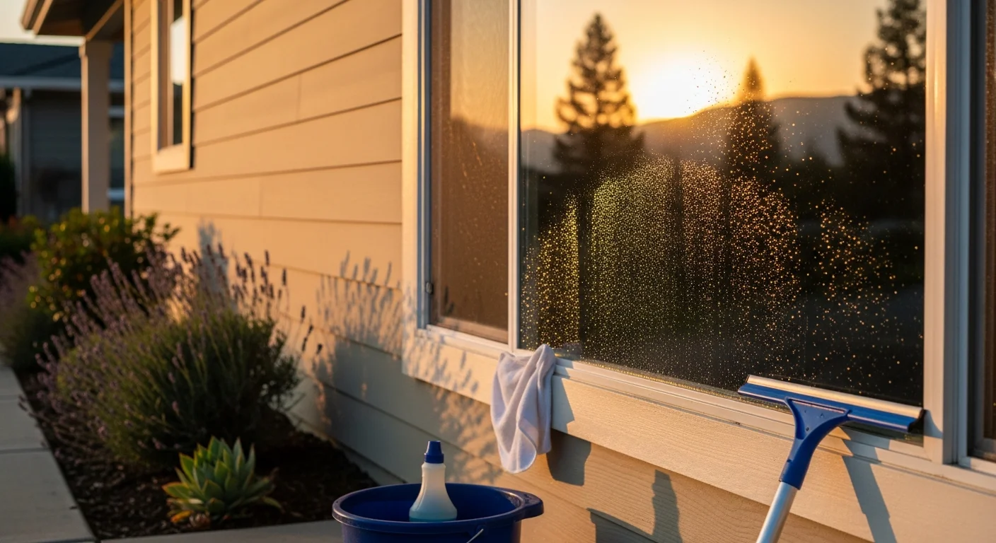 A Squeekee Squeegee technician cleaning the exterior windows of a single-story residential home in Oroville, CA. The glass is streak-free and reflects the surrounding tree line clearly after cleaning.