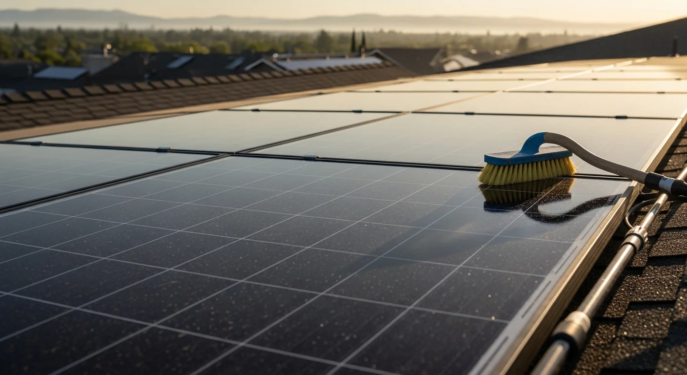 A Squeekee Squeegee technician cleaning rooftop solar panels on a residential home in Oroville, California, using a soft brush and purified water. The panels show a visible contrast between the cleaned sections and the dust and ash residue still present on uncleaned areas.