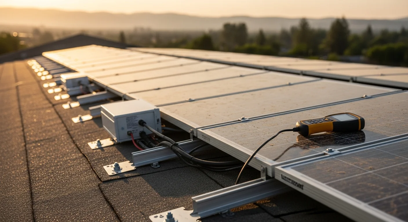 A Squeekee Squeegee technician inspecting rooftop solar panels on a single-family home in Oroville, California. The technician examines panel surfaces and mounting hardware under clear blue sky with dry foothills visible in the background.
