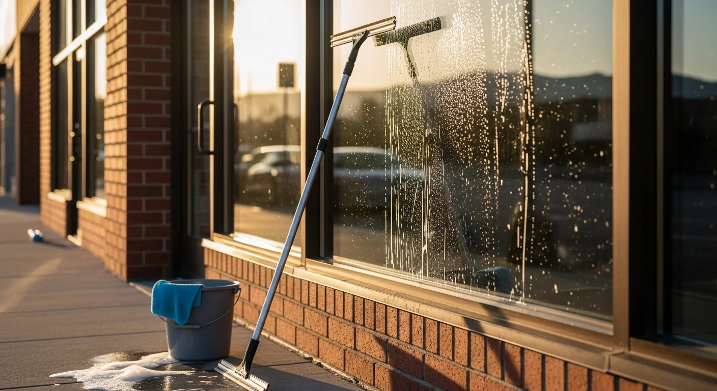 A Squeekee Squeegee technician cleaning the large glass storefront windows of a brick commercial building in downtown Oroville, California. The cleaned glass reflects the pedestrian street clearly with no streaks or dust film visible.